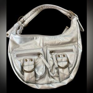 Request Metallic Silver mini Hobo Bag with Crescent Shape and Y2K style retro